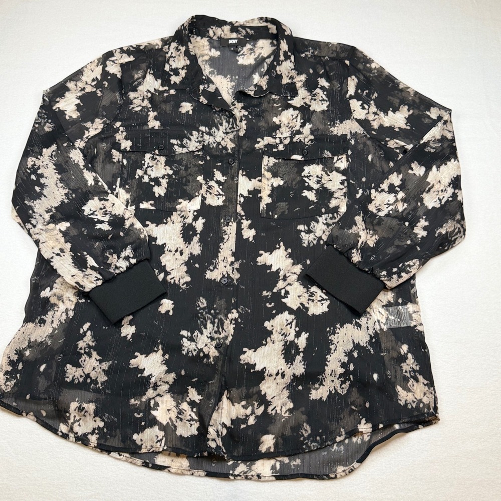 DKNY Metallic Stripe Abstract Floral Blouse with Camisole XL Black Cream